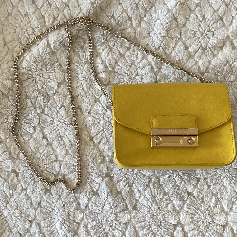 Furla Lemon Yellow Leather Crossbody with Push Lock/Gold-Tone Chain